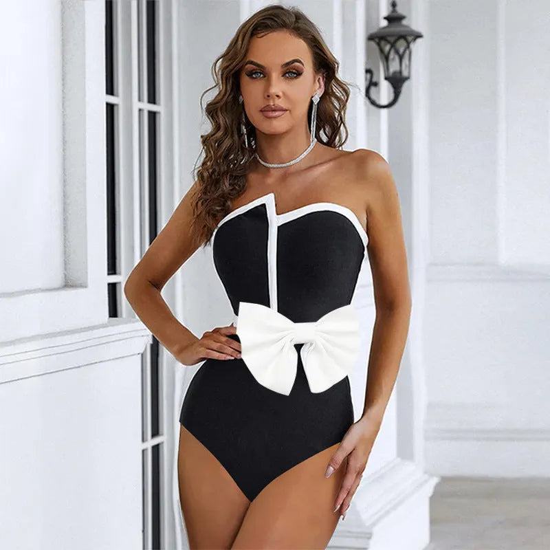 Women's black and white colour-block one-piece swimsuit with bow detail and tube top