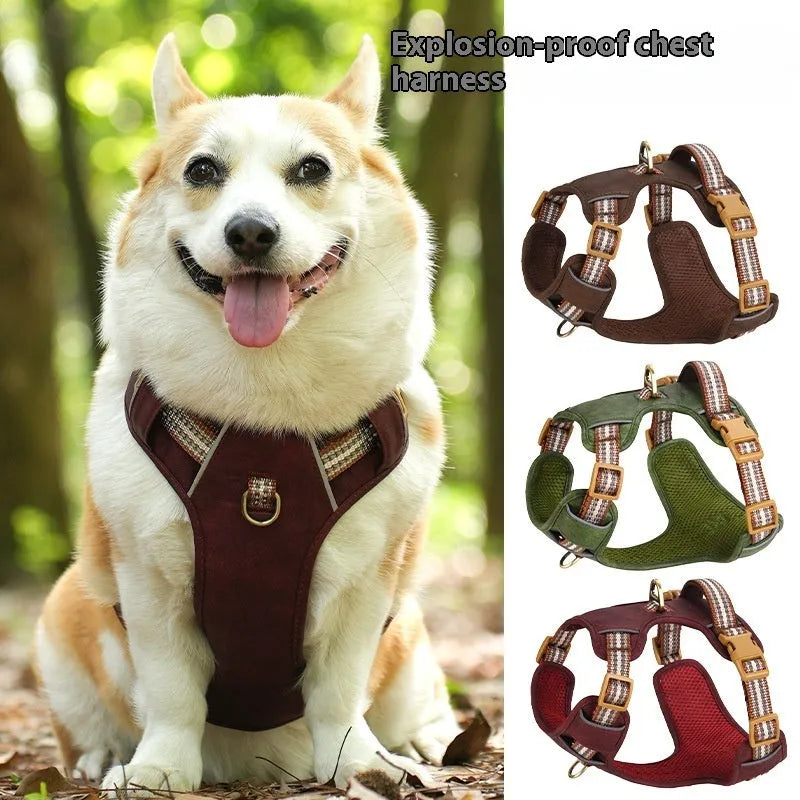 Retro-style brown leather pet harness with reflective strips on a dog.