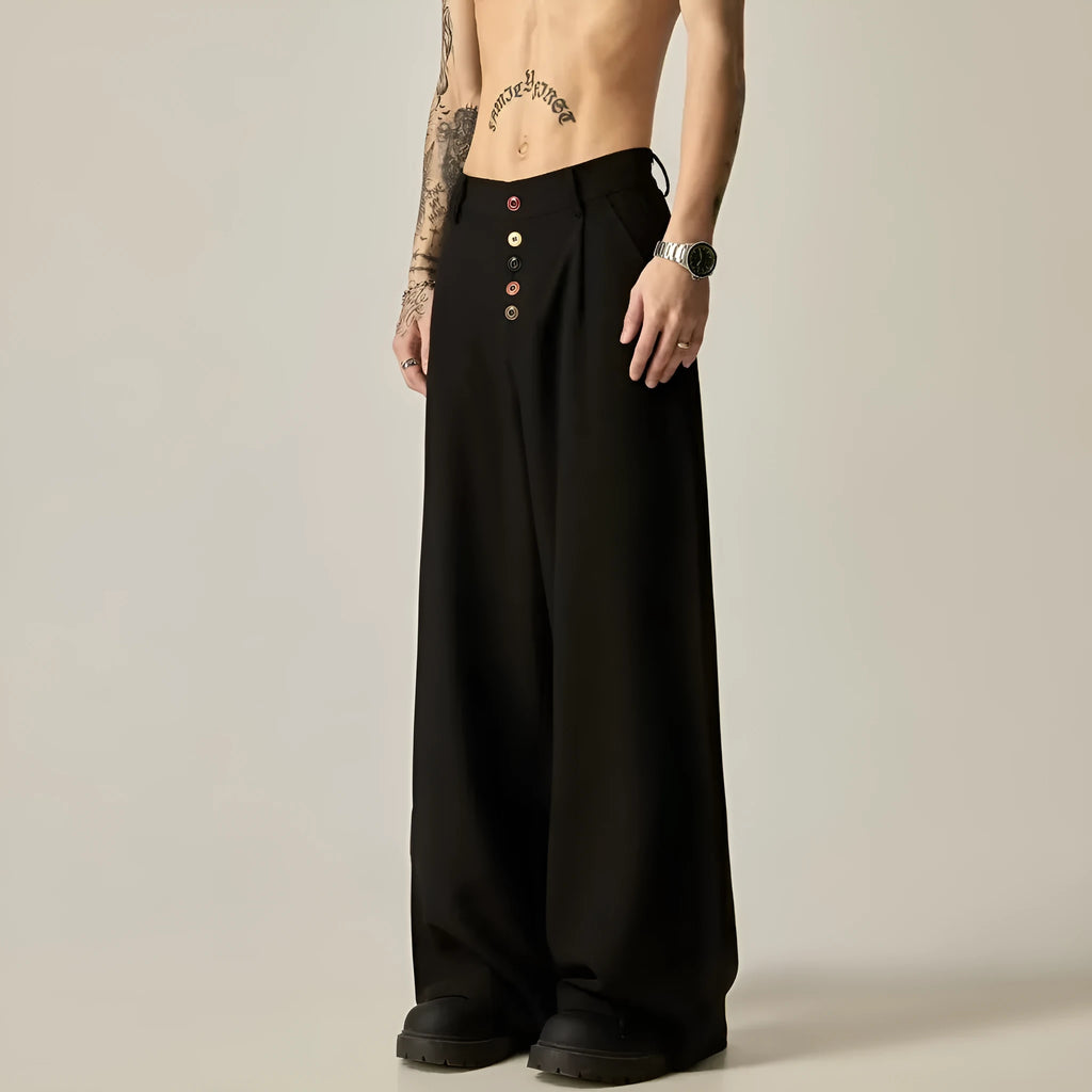 Men's solid colour wide-leg trousers with elastic waistband in black and brown options