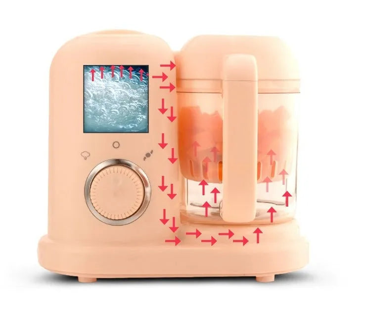 Baby food processor with steamer and blender functions in green or pink colours