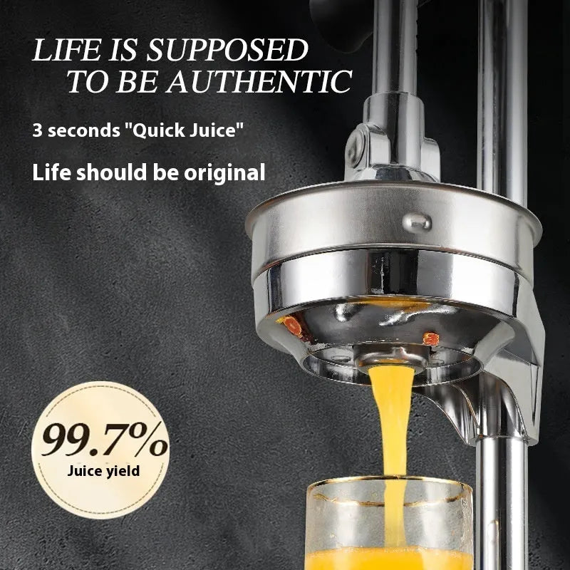 Vertical stainless steel manual citrus juicer in black, silver, white, orange, or electroplated finish with pointed, flat, or double-headed tip.