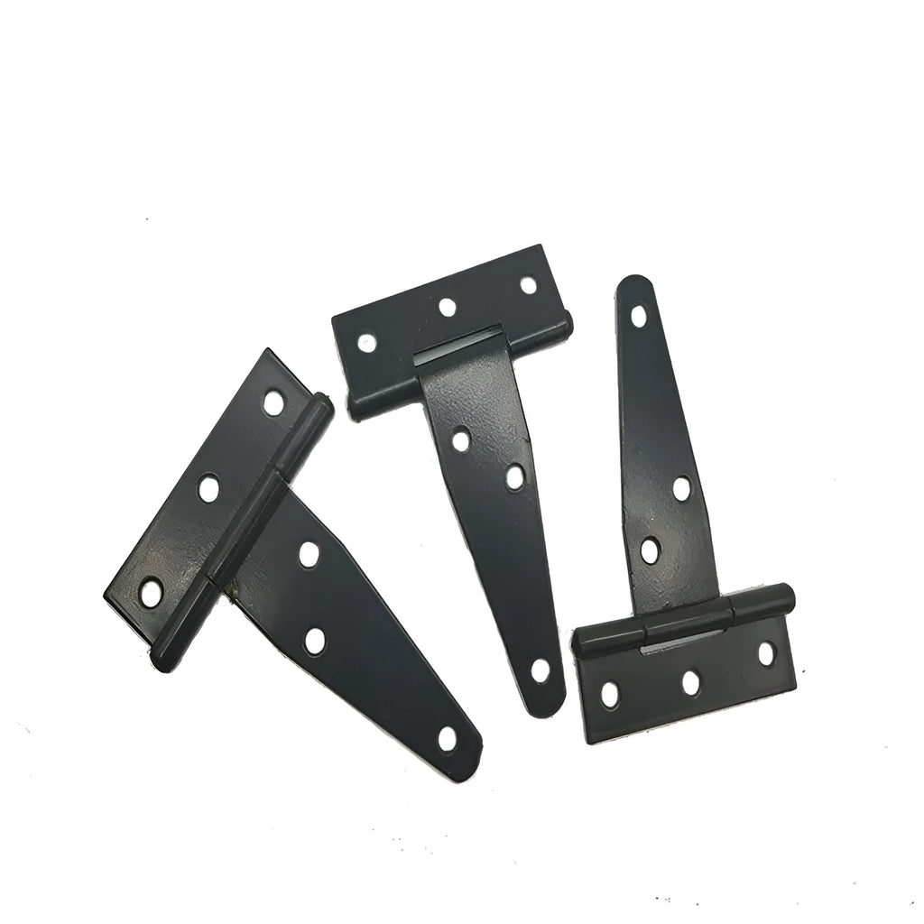 Fixed T-shaped iron hinge for wooden outdoor gates, showing straight arm and multiple size options.