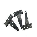 Fixed T-shaped iron hinge for wooden outdoor gates, showing straight arm and multiple size options.
