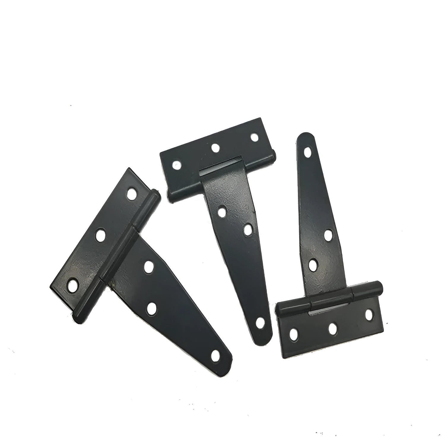 Fixed T-shaped iron hinge for wooden outdoor gates, showing straight arm and multiple size options.