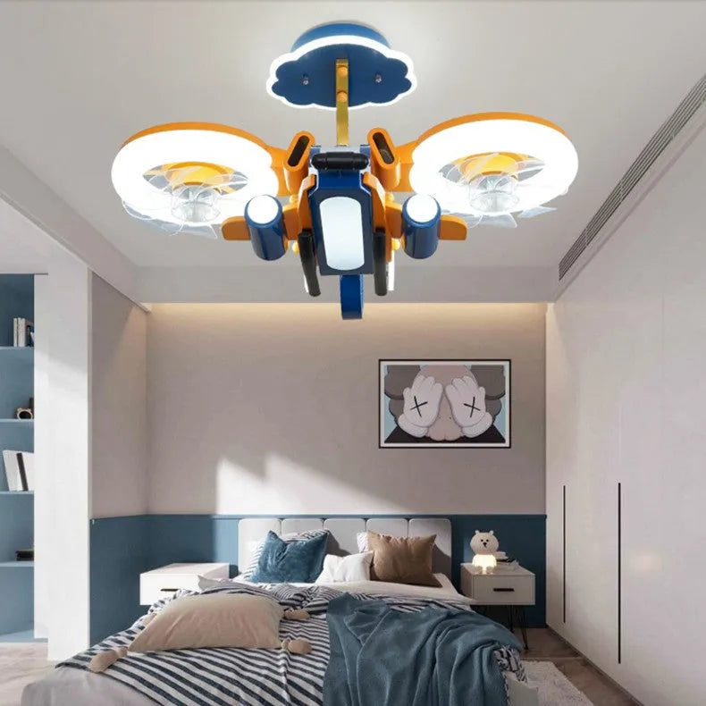 Yellow and blue ceiling fan light with fixed metal blades and acrylic lampshade for bedroom installation