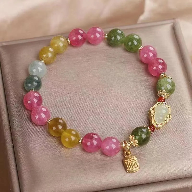 Colourful tourmaline gourd blessing card bracelet with flower design for women