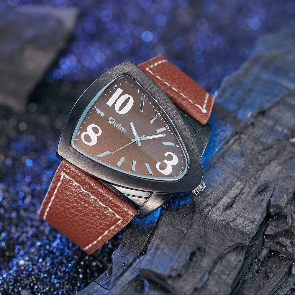 Men's casual quartz watch with triangular belt buckle in brown colour option showing 9mm slim profile