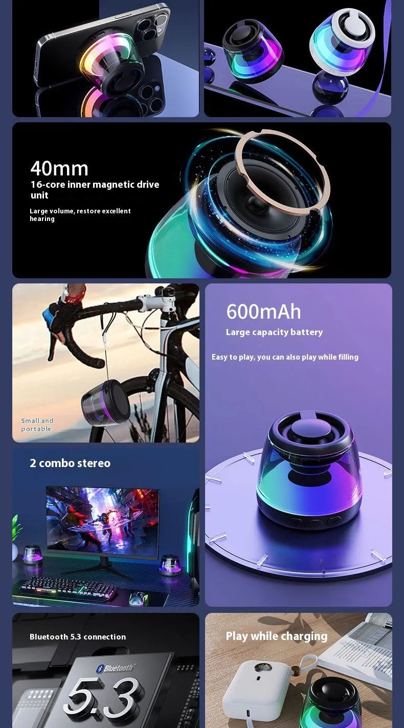 White mini Bluetooth speaker with ambient light on magnetic base