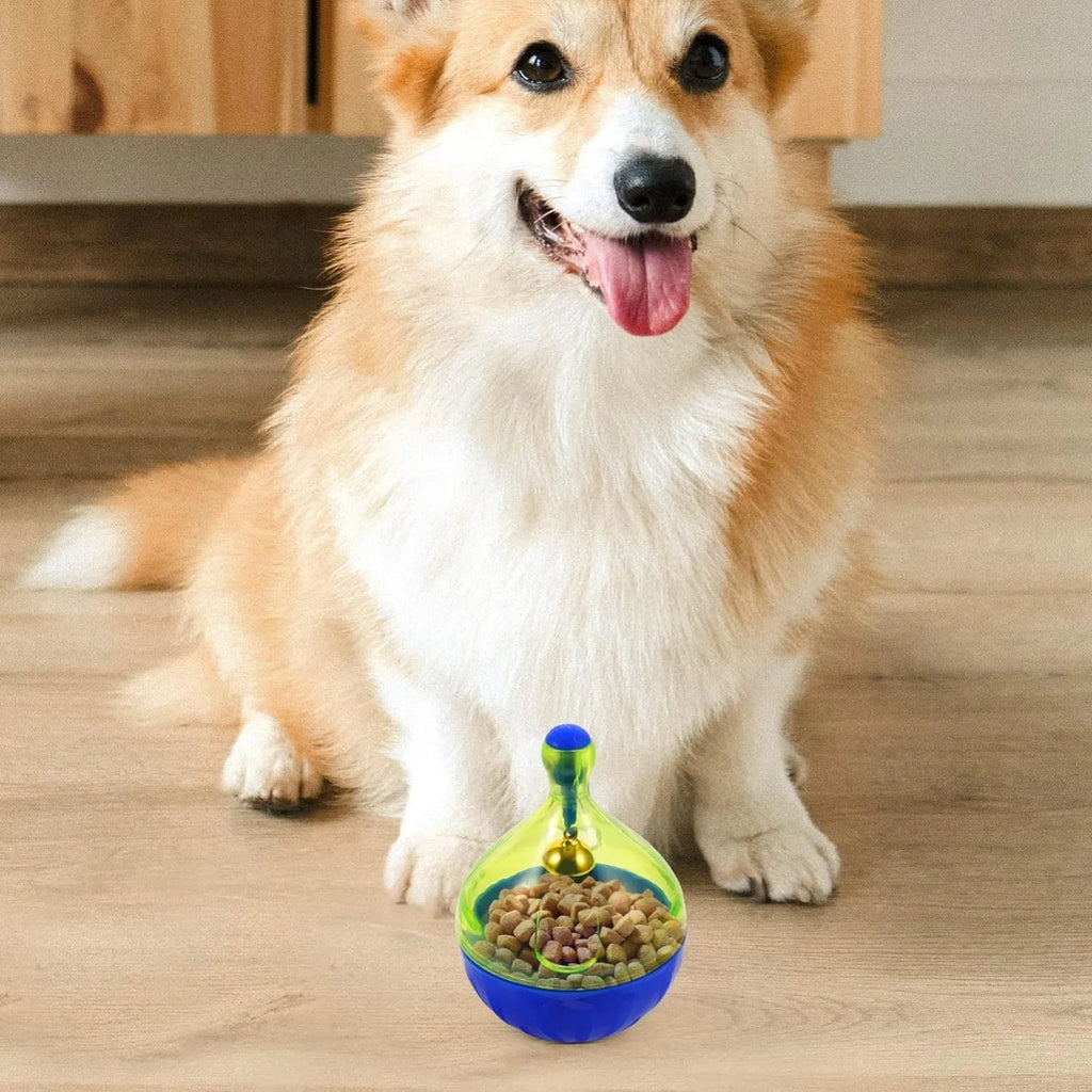 Tumbler-shaped interactive treat dispenser toy for dogs and cats on a floor.