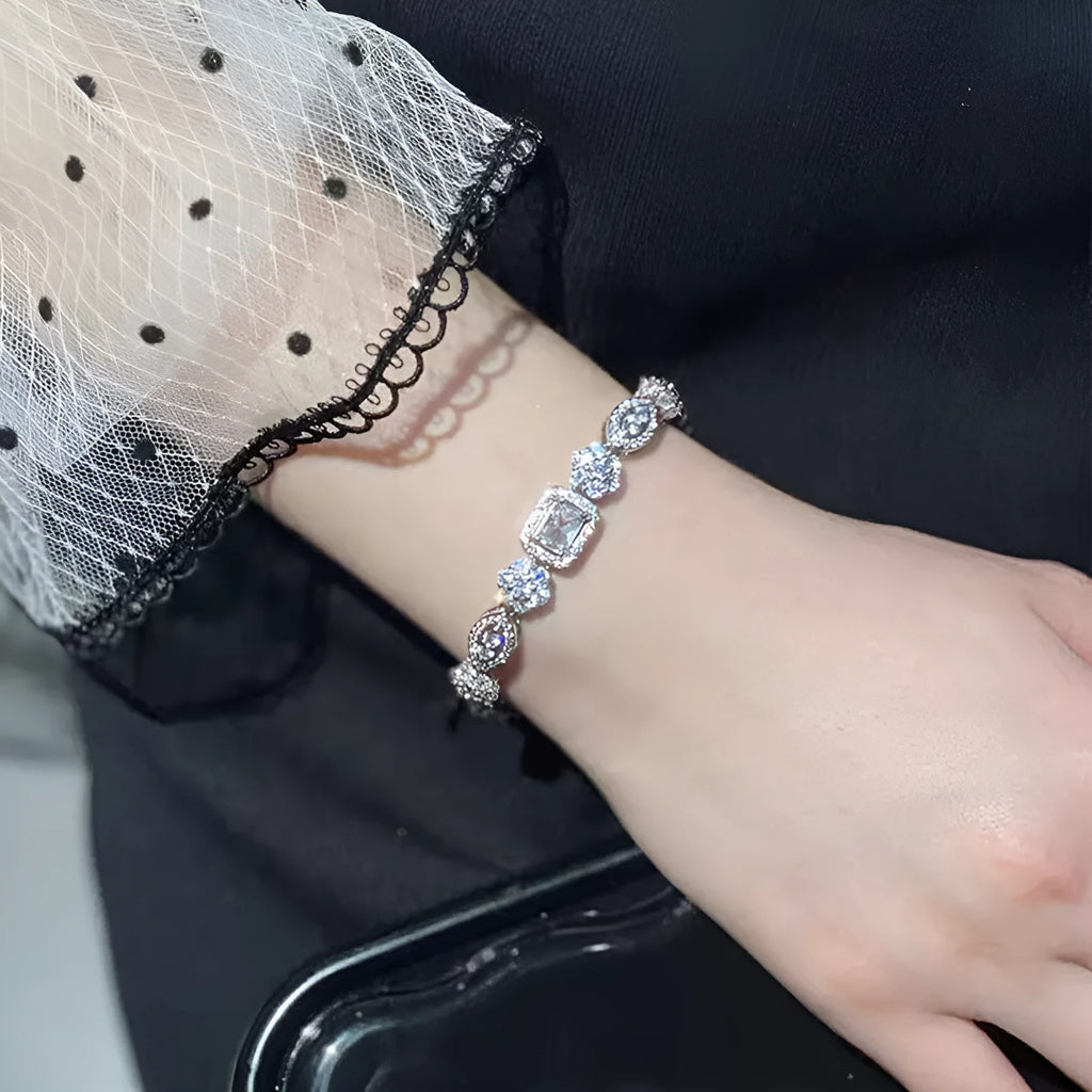 Women's silver-plated diamond bracelet with inlaid zircon, geometric shape, copper white gold plated, Type A 16+3cm