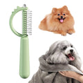 Dinosaur-shaped self-cleaning cat brush with double-sided stainless steel pins on blue handle