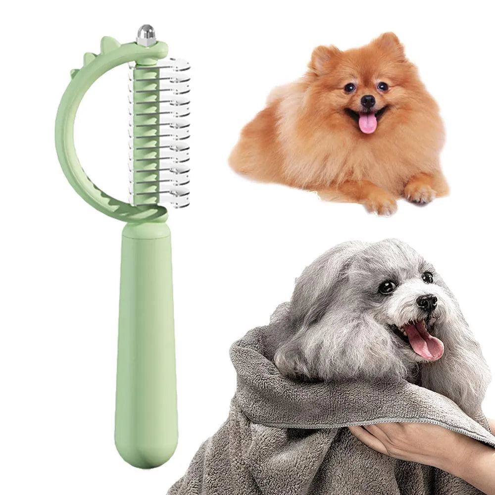 Dinosaur-shaped self-cleaning cat brush with double-sided stainless steel pins on blue handle