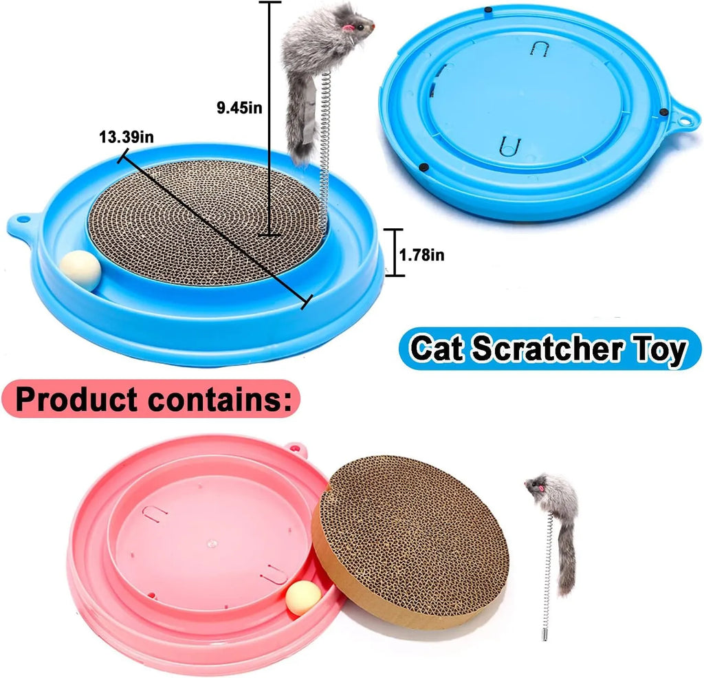 Blue interactive cat scratcher with ball track and replaceable scratch pad measuring 40cm
