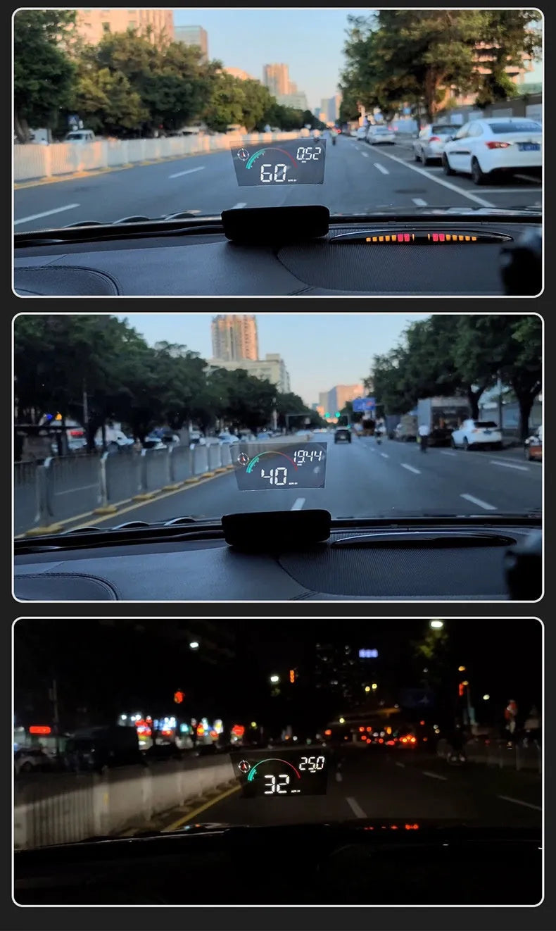 Black universal car head-up display GPS projector showing speed and compass data projection