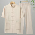 Cotton short-sleeved leisure suit for elderly men in multiple colour options with trousers