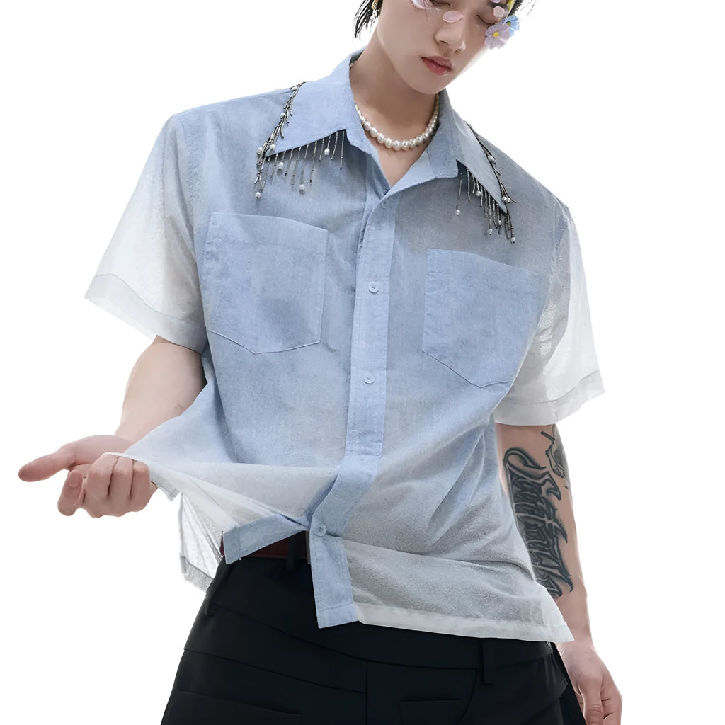 Men's blue and white gradient loose fit shirt with quilted details and short sleeves