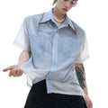 Men's blue and white gradient loose fit shirt with quilted details and short sleeves