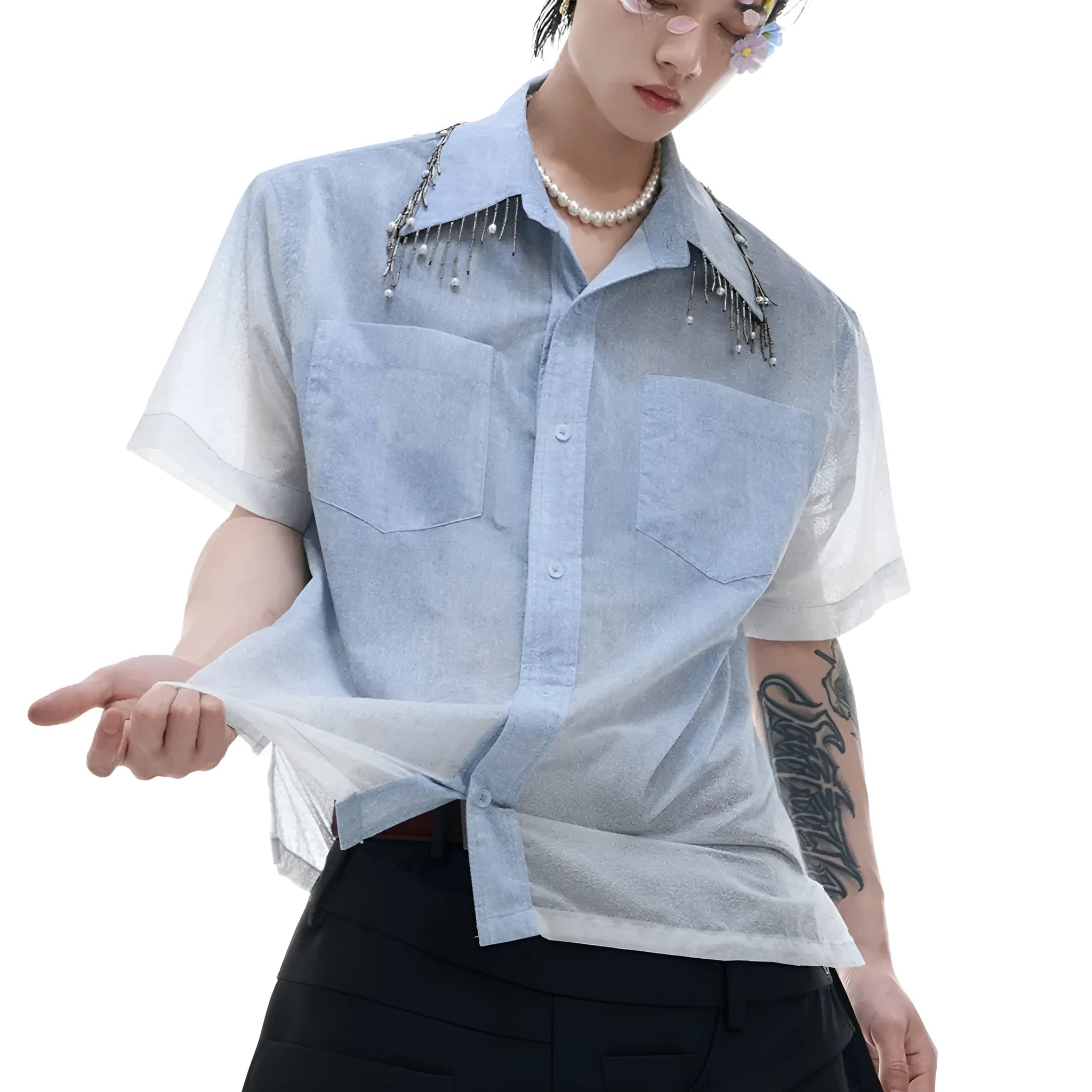 Men's blue and white gradient loose fit shirt with quilted details and short sleeves