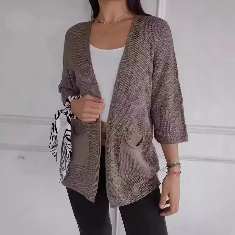 Women's waffle knit cardigan coat with nine-quarter sleeves in army green colour