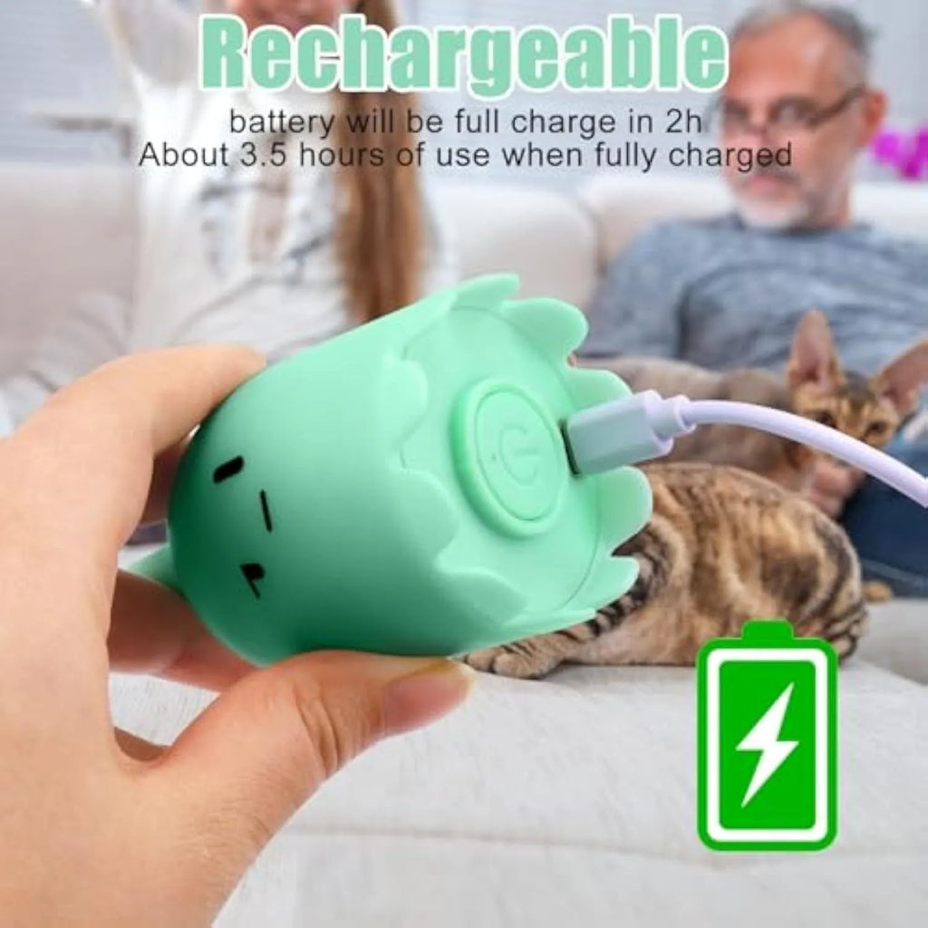 Automatic electronic cat wand toy with swinging silicone tails on green background