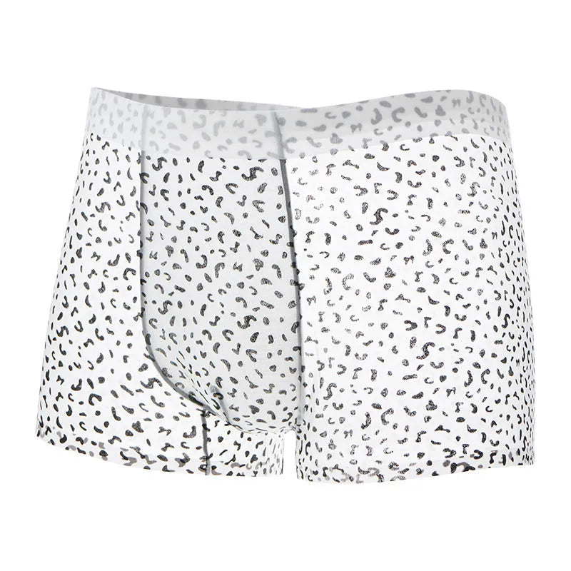 Men's ice silk boxer shorts showing camouflage, leopard print, zebra stripe, and geometric patterns.