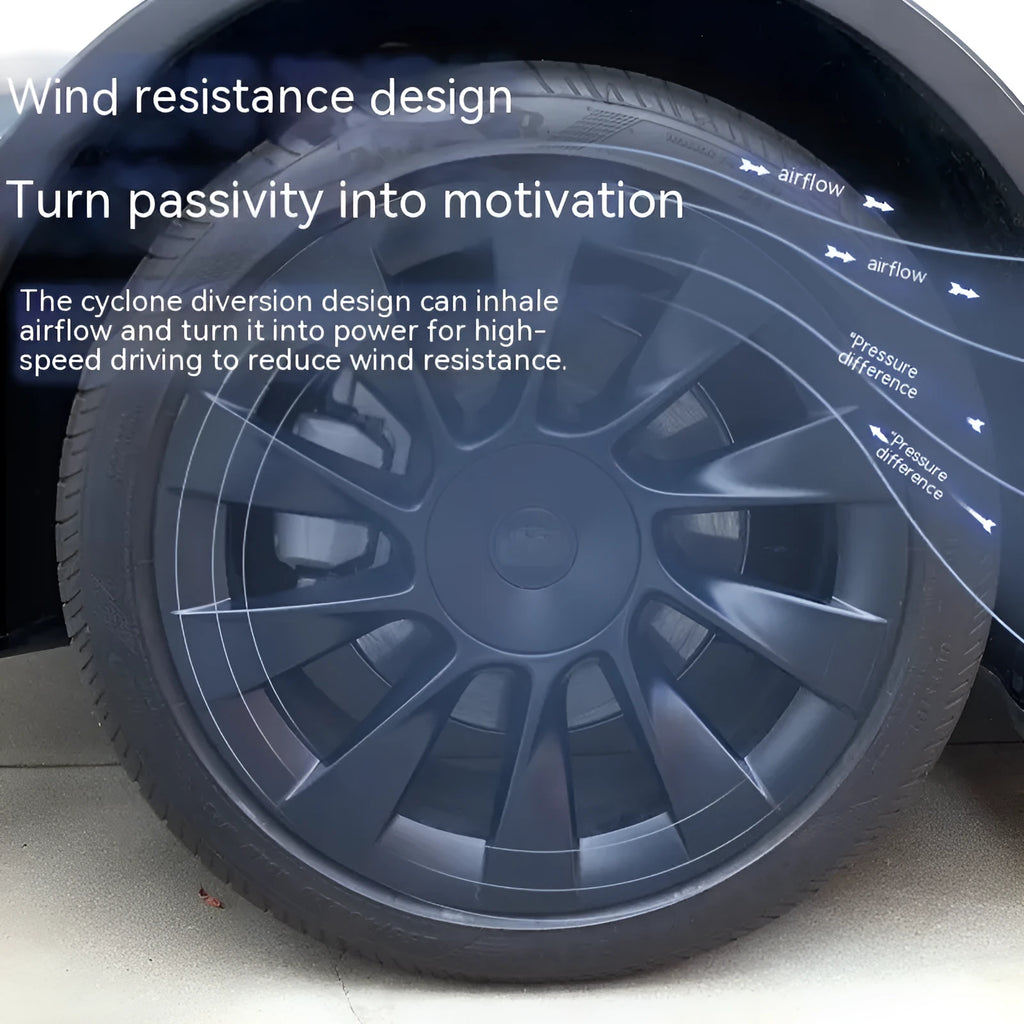 Set of four plastic wheel hub covers for a Tesla Model Y in a carbon fibre pattern finish.