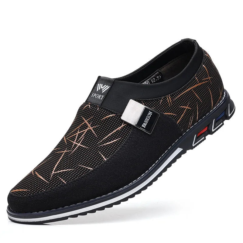 Men's black synthetic leather slip-on casual shoes with a square toe and rubber sole.