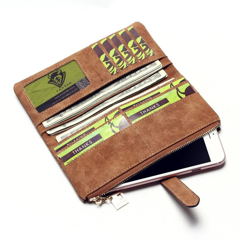 Long vertical matte PU leather wallet in army green with a zip, shown open to reveal card slots and internal pockets.