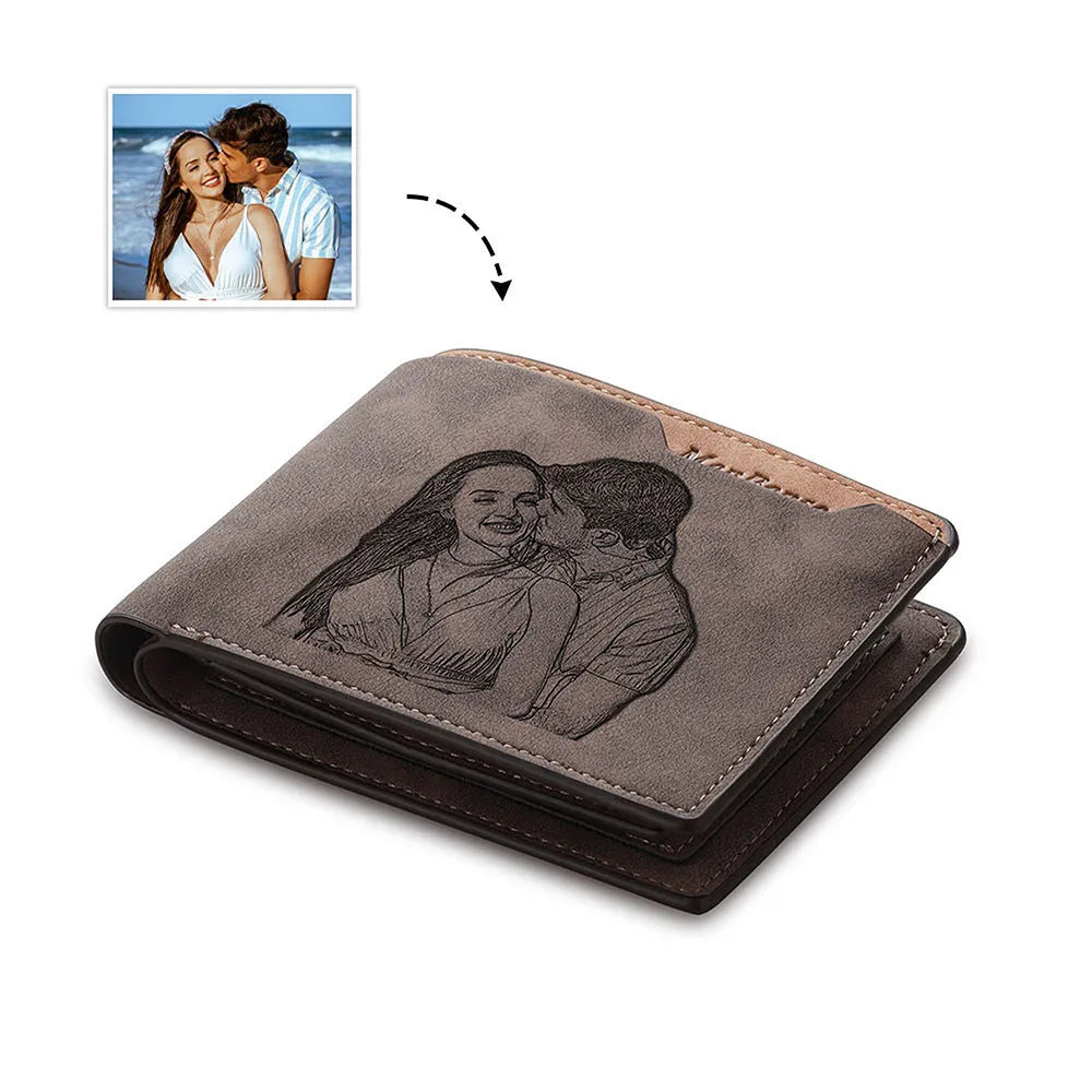 Coffee colour engraved horizontal short wallet showing seven card slots and custom text personalisation option