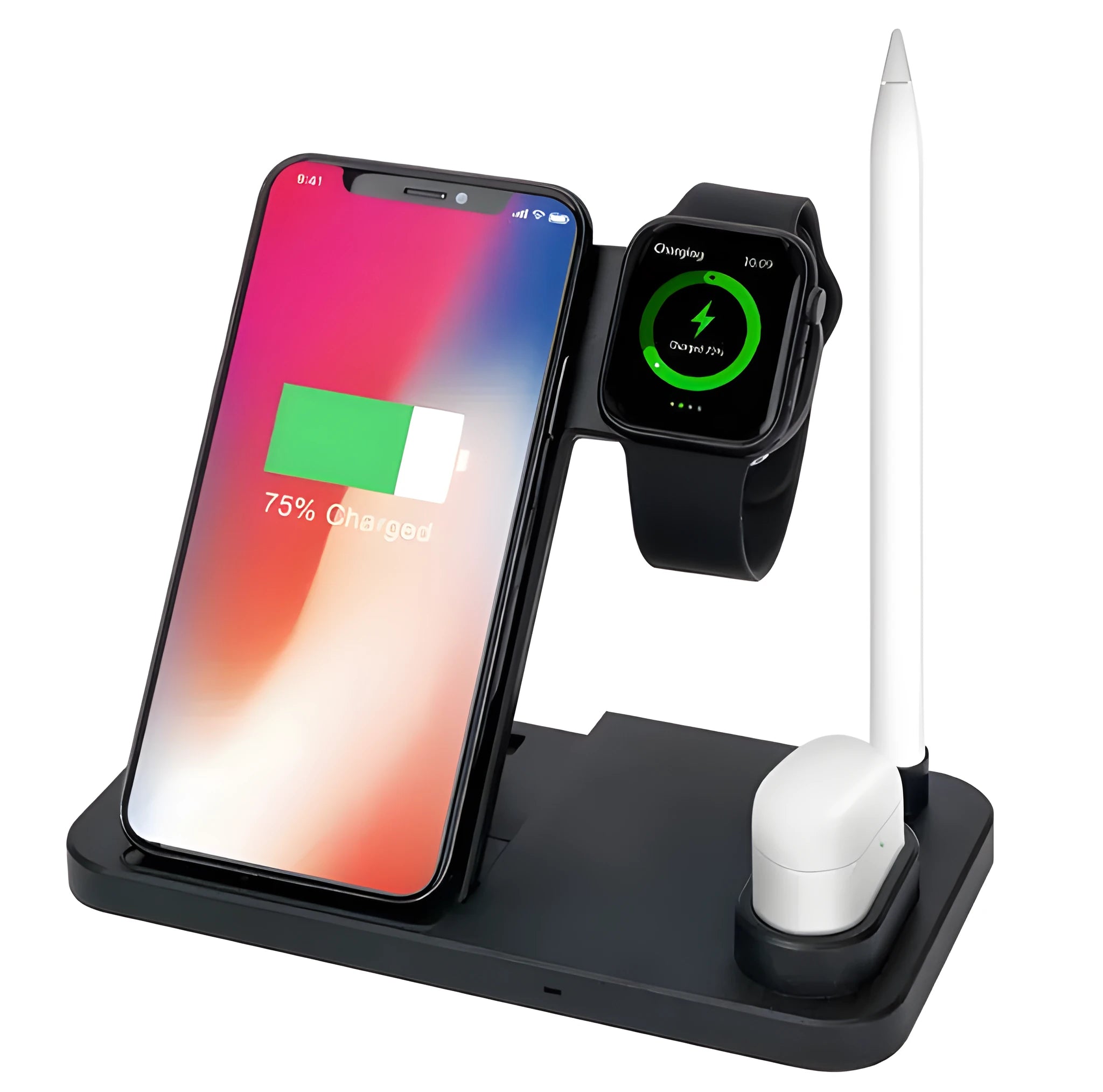 4-in-1 adjustable wireless charging station showing phone, watch, earbuds and pencil charging on a desk.