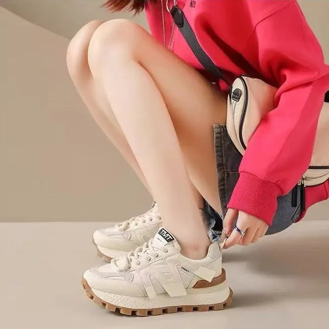 Women's casual platform sneaker in Beige with artificial PU upper, mesh lining, and front lace-up closure on white background