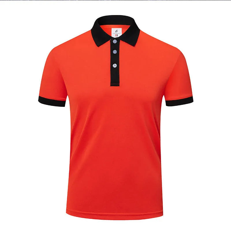 Men's and women's short sleeve lapel t-shirt in polyester, shown in multiple colour options.