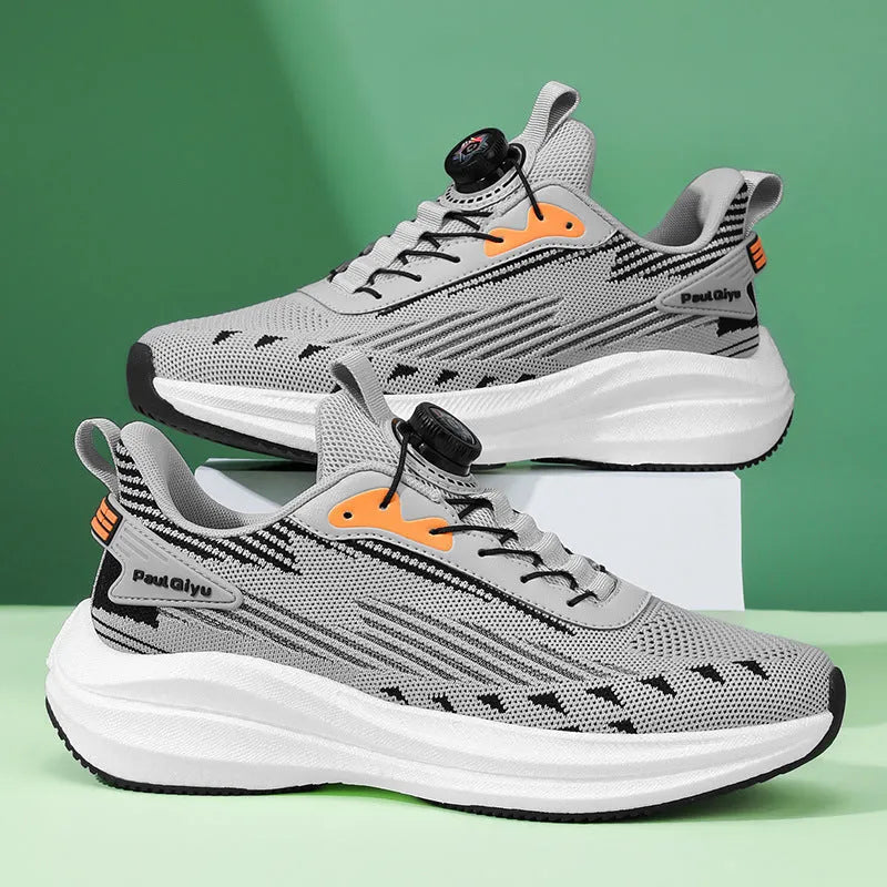Men's rotating buckle fly-kit mesh sports running shoes in white green colour with low-top design