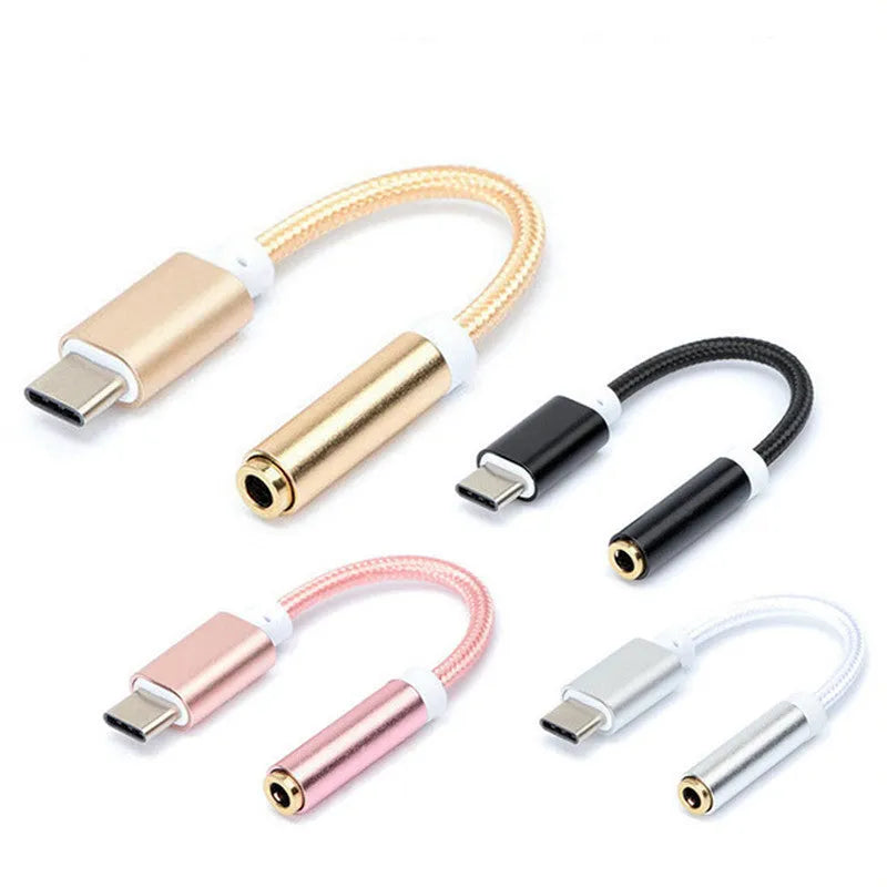 Type-C to 3.5mm headphone adapter cable in four colour options with nylon construction