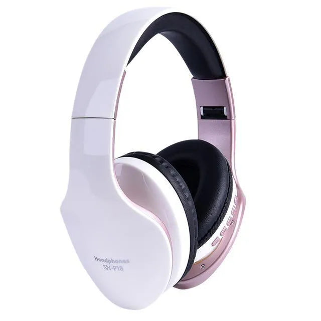 HobbyLane Bluetooth headset in black, red, or white colours showing over-ear design and included auxiliary cable.