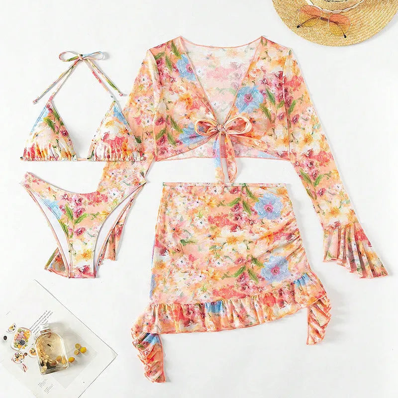 Women's bikini four-piece beach suit in printing colour polyester with conservative coverage, sizes XS to L