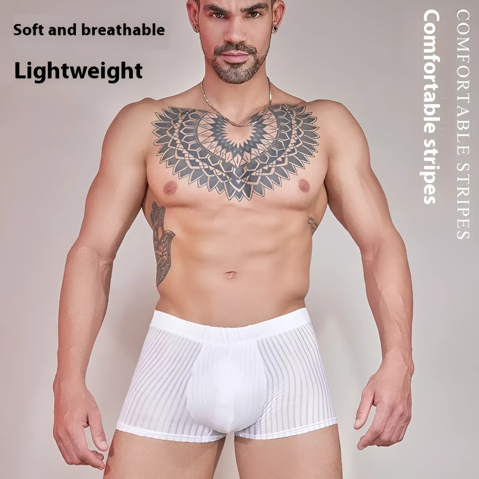 Men's striped transparent boxer briefs in black, white, and dark grey on a plain background.