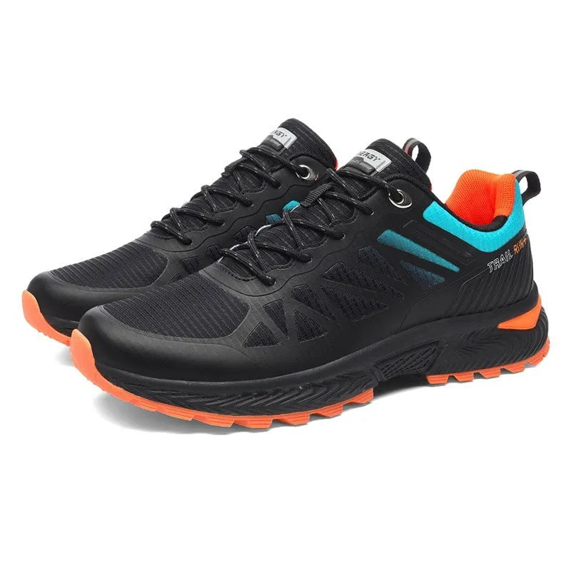 Men's black outdoor running shoes with breathable mesh surface and lace-up front