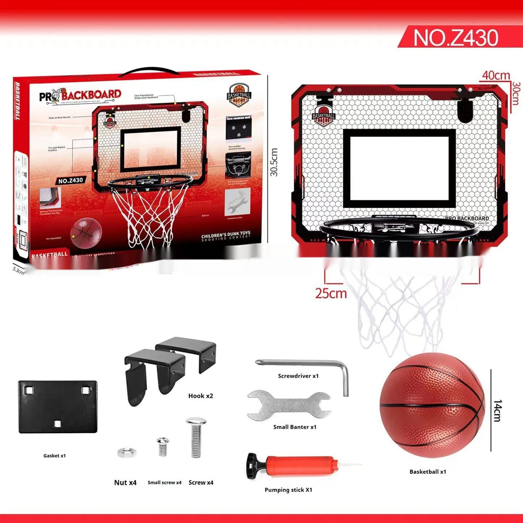Red and blue folding basketball frame with suction cup and hook, shown as a dunk target and ball rack.