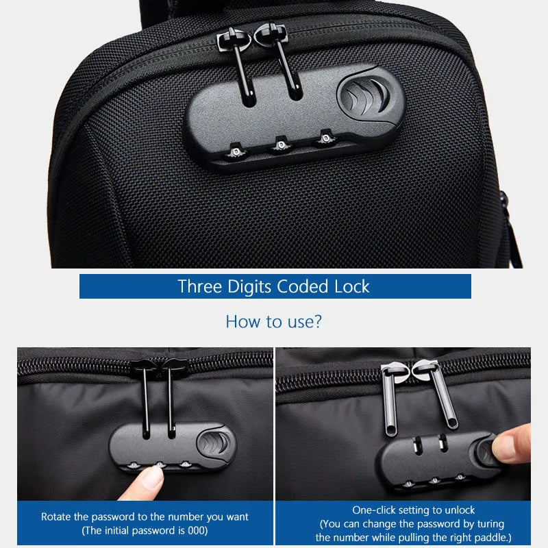 Multifunctional anti-theft waterproof shoulder bag in Oxford cloth, square section shape, available in multiple colours including black and dark blue.