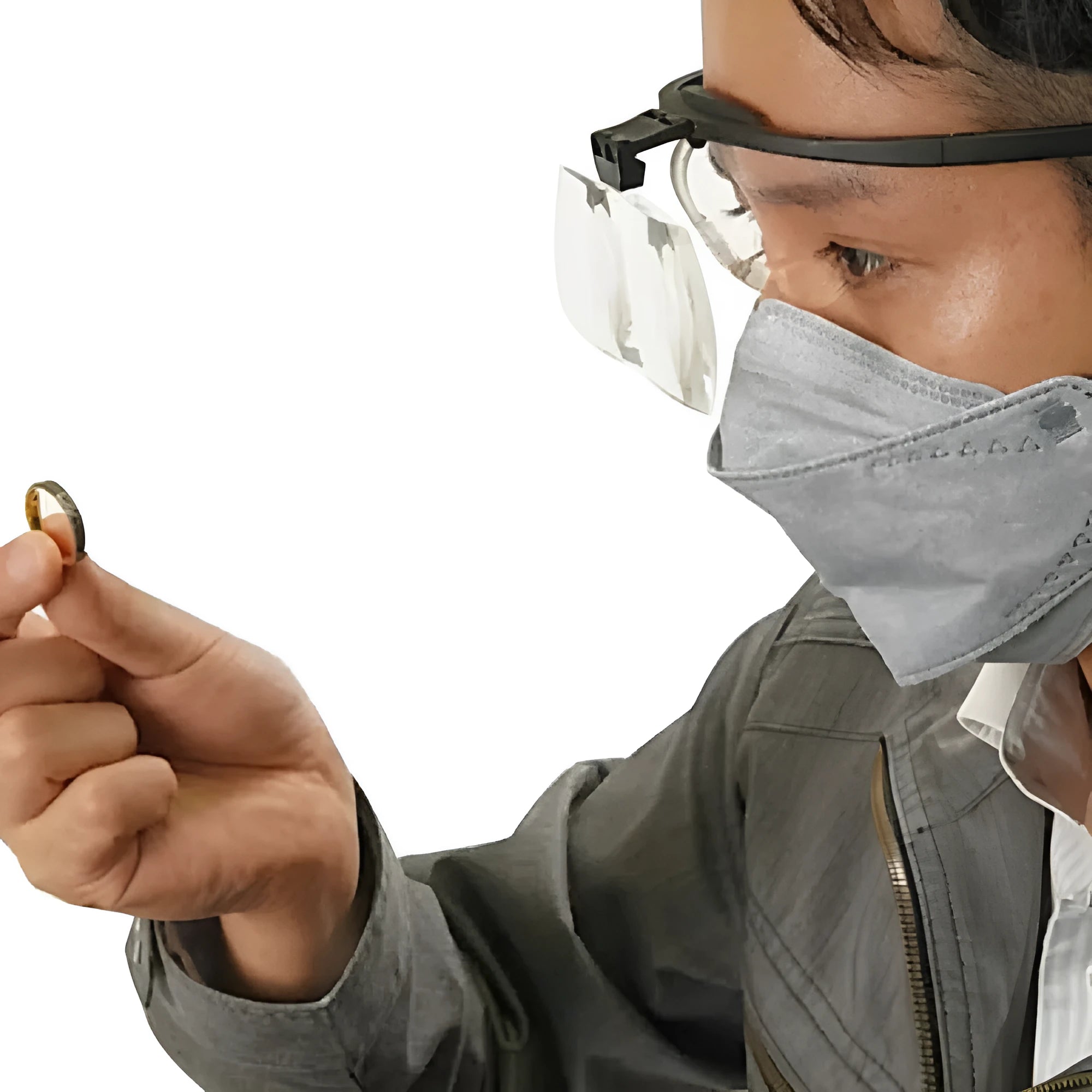 TR90 plastic head-mounted magnifying glass with large acrylic lenses, shown on a head or with adjustable nose pad detail.