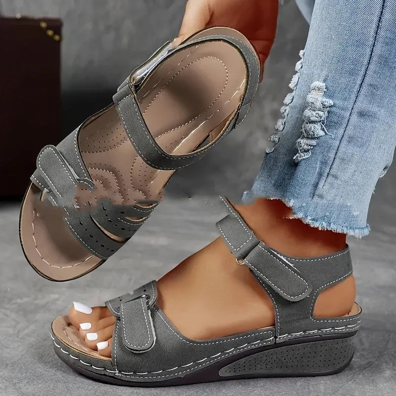 Beige plus size strap sandals with Velcro fastening and thick composite soles