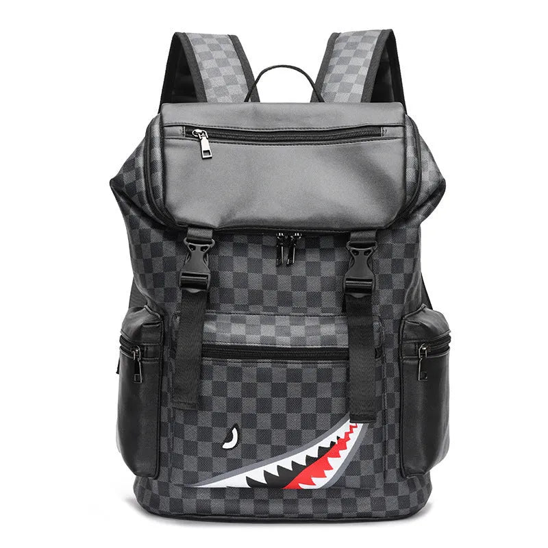 Black checkered print PU leather large capacity backpack with curved shoulder straps.