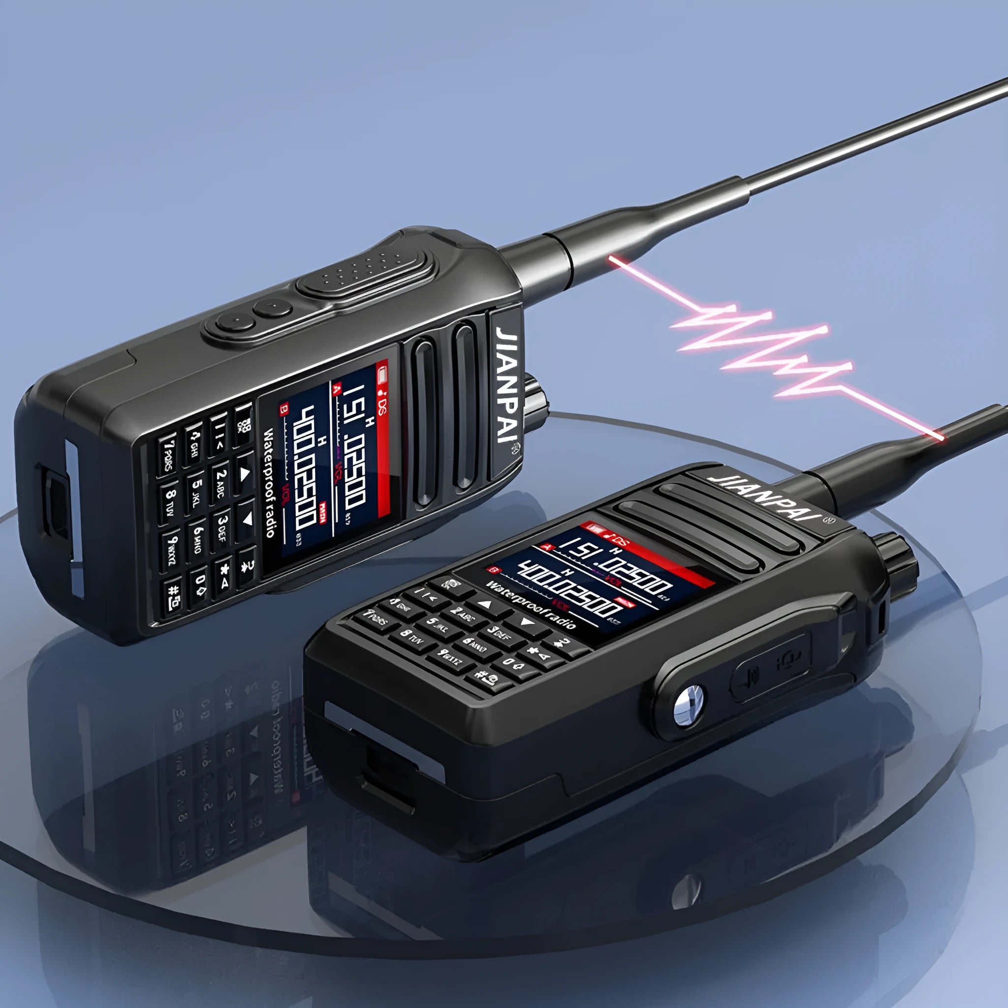 Black Interphone aviation full band radio communication headset with complete kit including battery, antenna, and charging equipment