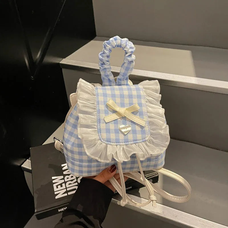 Sweet lace mini checkered backpack in cotton plaid with three-dimensional outer pocket and zipper interior