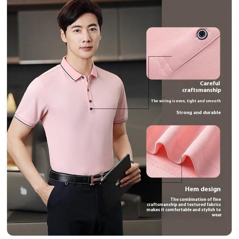 Short-sleeved beautician work polo shirt in light blue on a hanger.