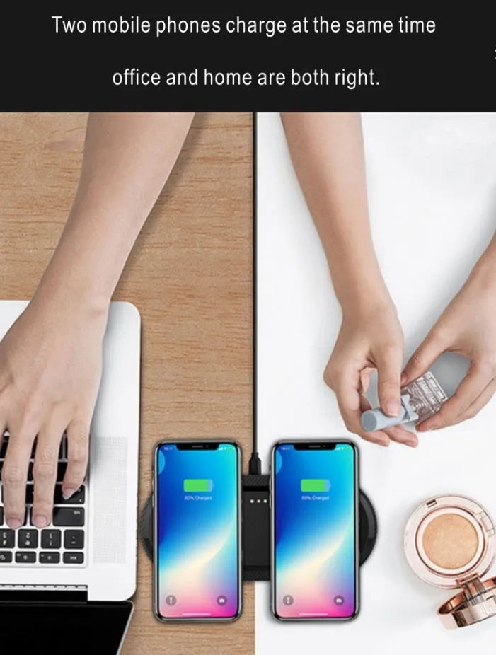 Black dual wireless charging pad showing two smartphones charging simultaneously on a desk.