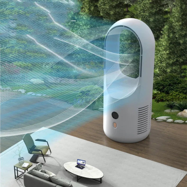 USB rechargeable bladeless desktop fan with LED display on a desk