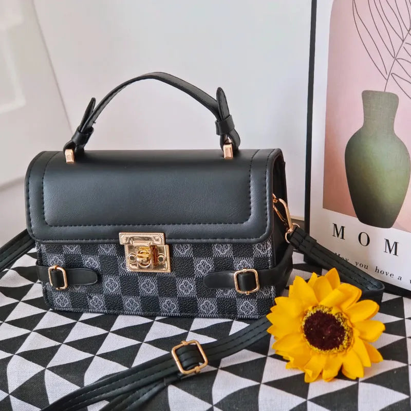 Small square retro crossbody bag in apricot PU leather with stitching and plaid patterns