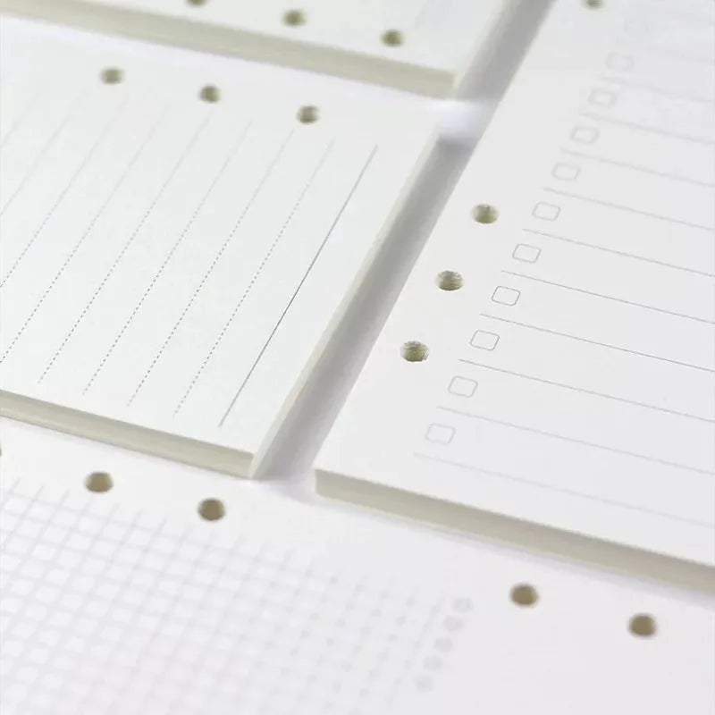 6-hole loose-leaf refill pack with A5 Daolin paper sheets showing blank, dot, line and square grid layouts